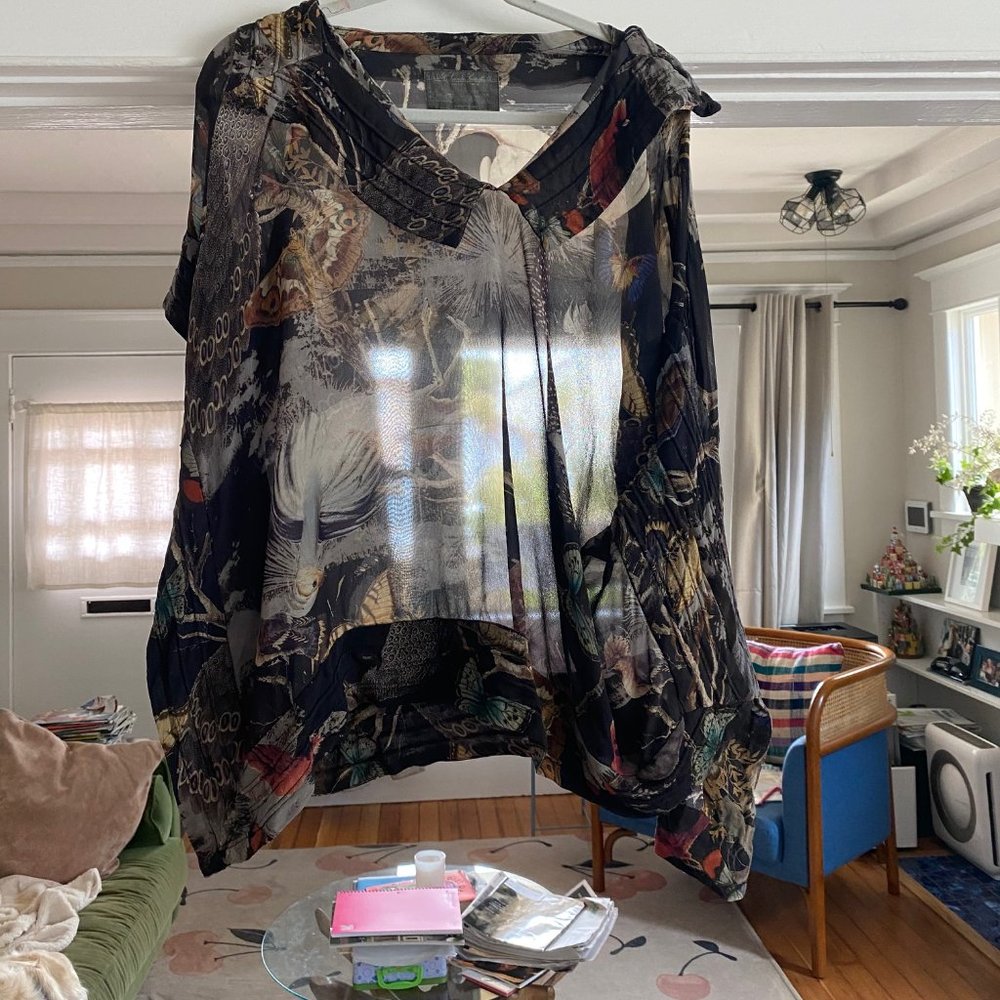 AllSaints Oversized Sheer Butterfly Print Silk Tunic